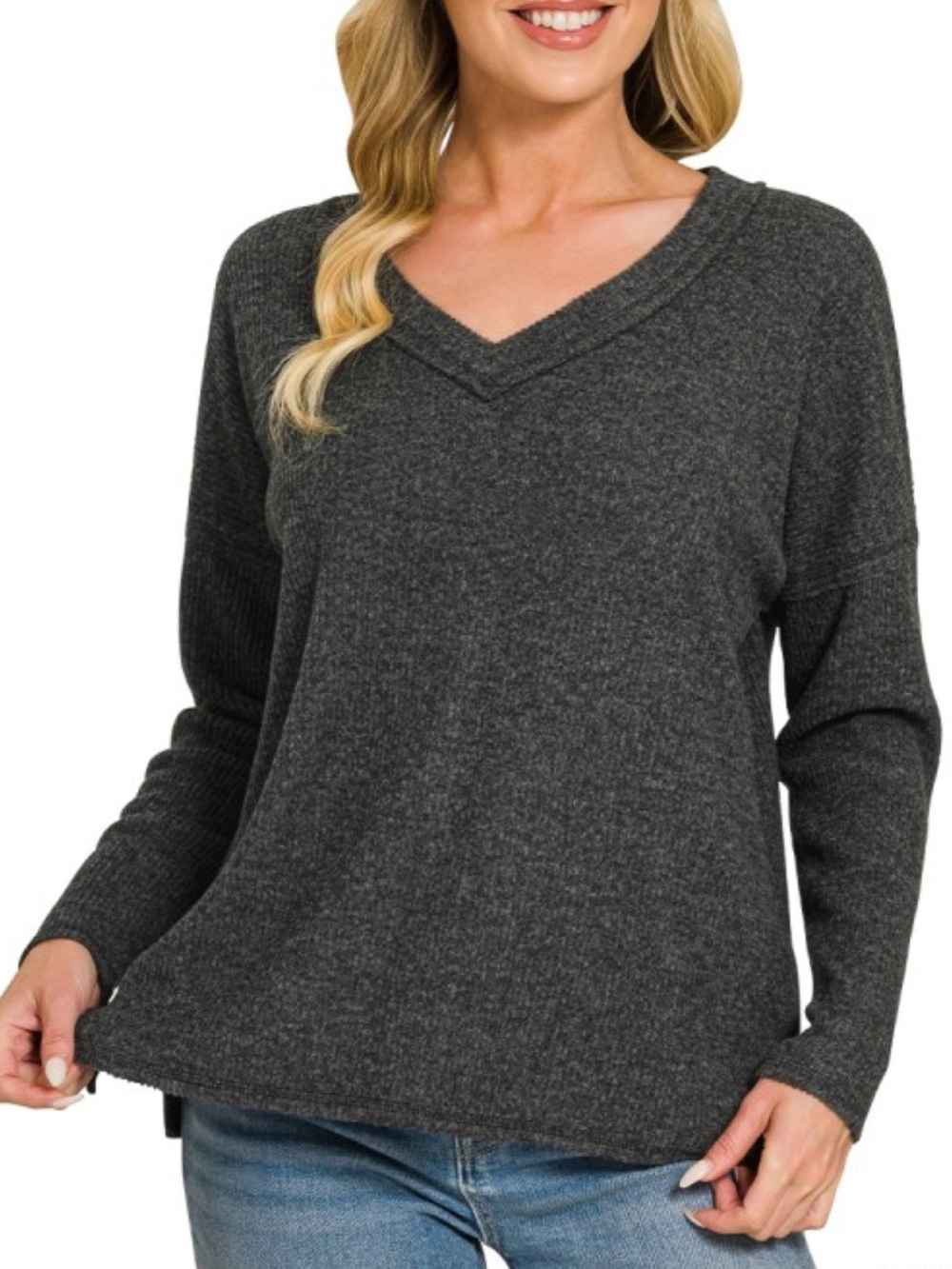 990. RIBBED V-NECK DROP SHOULDER TOP